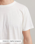 White merino undershirt worn by a person on a gray background