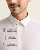 Collar detail of a white merino wool dress shirt with icons indicating no odour-stay fresh, wrinkle resistant and thermo-regulating