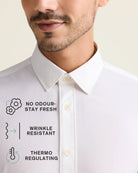 Collar detail of a white merino wool dress shirt with icons indicating no odour-stay fresh, wrinkle resistant and thermo-regulating