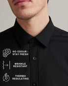 Black merino shirt with text and icons detailing features like no odour-stay fresh, wrinkle-resistant and thermo-regulating