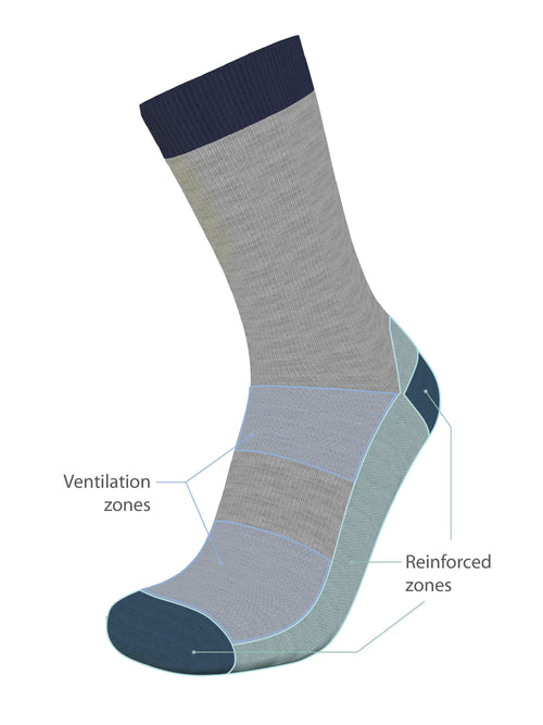 Gray merino wool sock with blue accents labeled 'Ventilation zones' and 'Reinforced zones' on a white background.