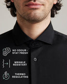 Close-up of a black merino dress shirt with text highlighting features like no odor, wrinkle resistance, and thermo regulation.