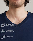 Collar detail of a Navy blue V-neck Tshirt with icons displaying the odour resistance, thermo-regulation and durability of Wolk merino Tshirts 