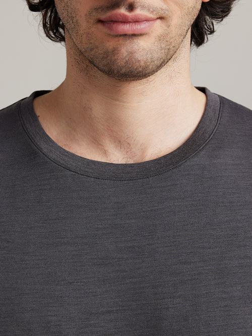rib knit collar on men's merino wool jersey T-shirt in dark grey from Wolk.