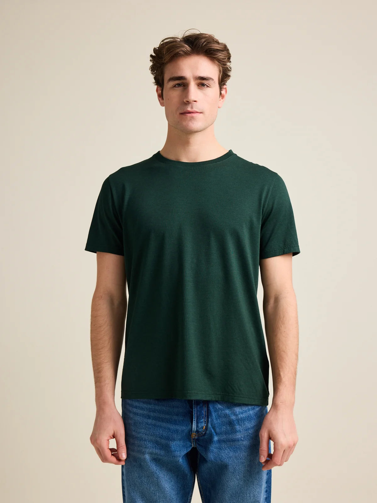 Dark Green men's merino wool T-shirt with crew neck and short sleeves by Wolk.