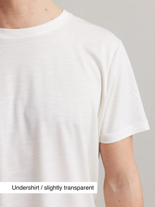 Shoulder detail of a men's white merino wool T-shirt from Wolk, emphasizing the short sleeves.