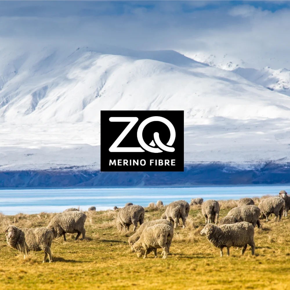 Sheep grazing in a field with snow-capped mountains and ZQ Merino Fibre logo.