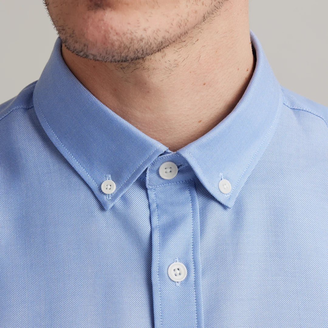 close up of light blue merino wool  shirt with button-down collar and white corozo buttons
