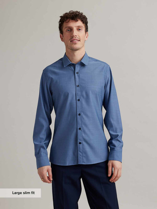 Light navy twill merino wool shirt for man with navy buttons and long sleeves