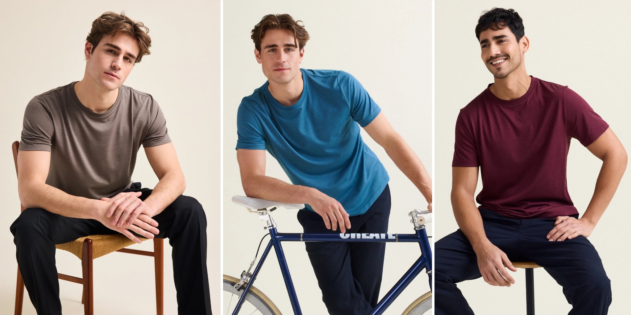 Three shades of merino wool T-shirts worn by men. Blue, taupe and burgundy coloured merino T-shirt with short sleeves