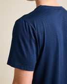 Shoulder detail on a navy men's merino T-shirt