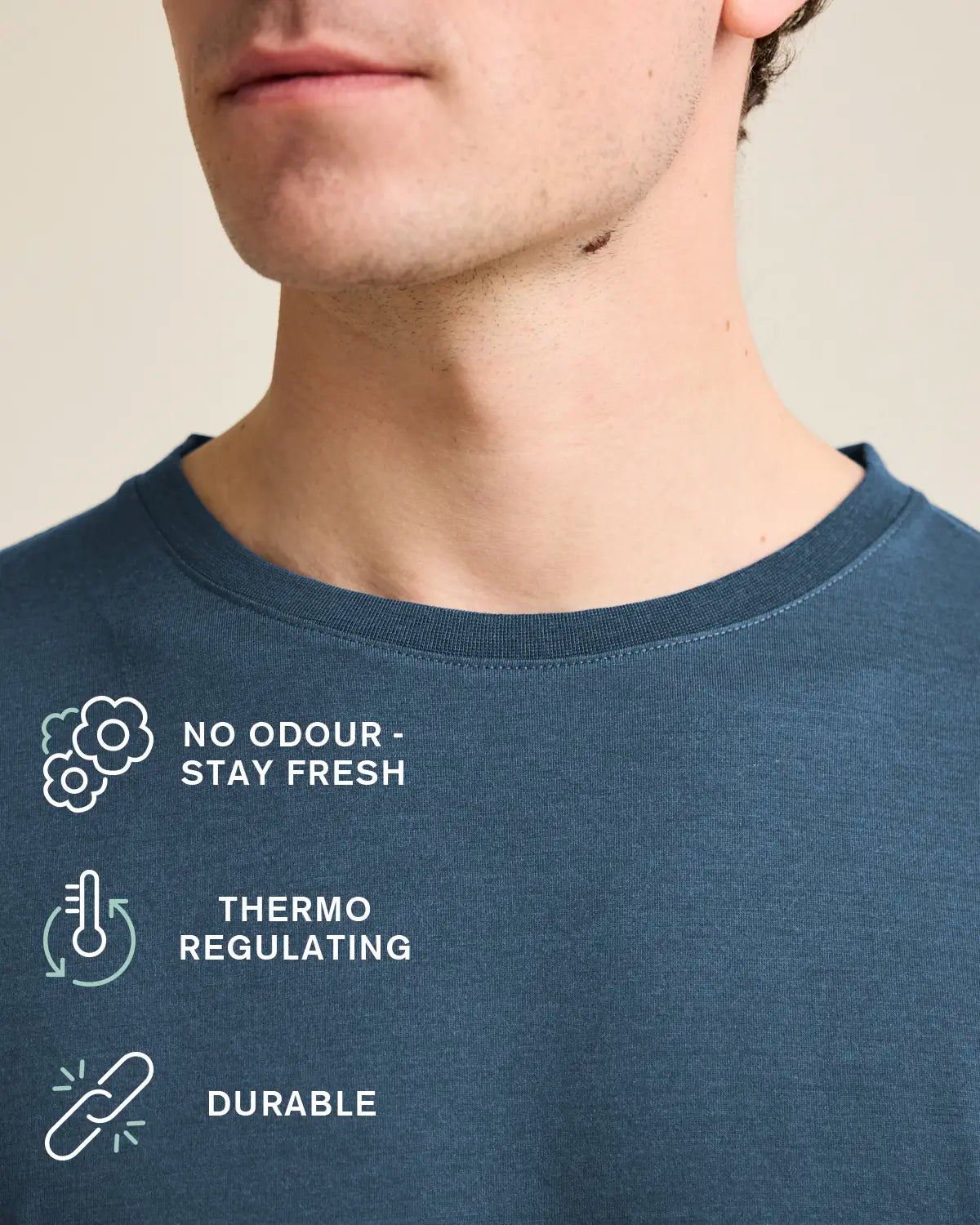 Blue Merino wool t-shirt icons highlighting no odour, thermo-regulating, and durability.