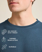Blue Merino wool t-shirt icons highlighting no odour, thermo-regulating, and durability.
