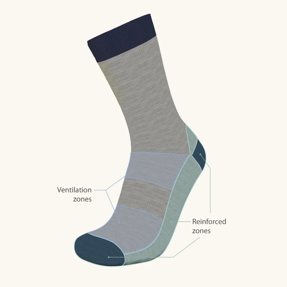 Gray merino wool sock with blue accents showing ventilation and reinforced zones on a white background