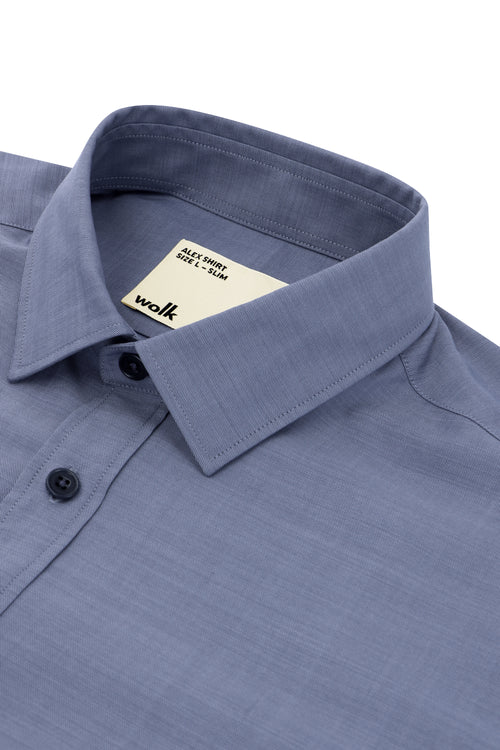 Collar detail of Wolk merino wool shirt in colour mid navy twill 