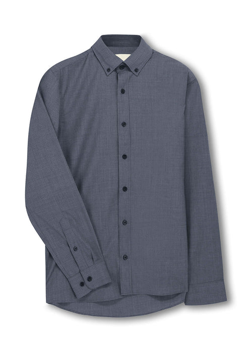long sleeve merino wool shirt with gingham pattern in grey and navy and button down collar