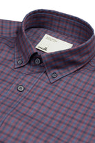 Button down merino wool shirt in burgundy navy gingham with classic collar with Wolk logo