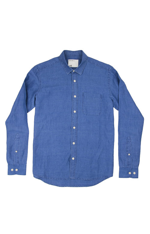 Wolk premium European Linen Men Shirt with chest pocket and long sleeves in blue washed indigo