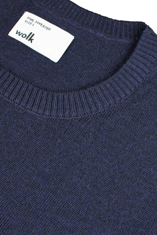 wolk label in merino wool sweater in navy blue color and half milano stitch