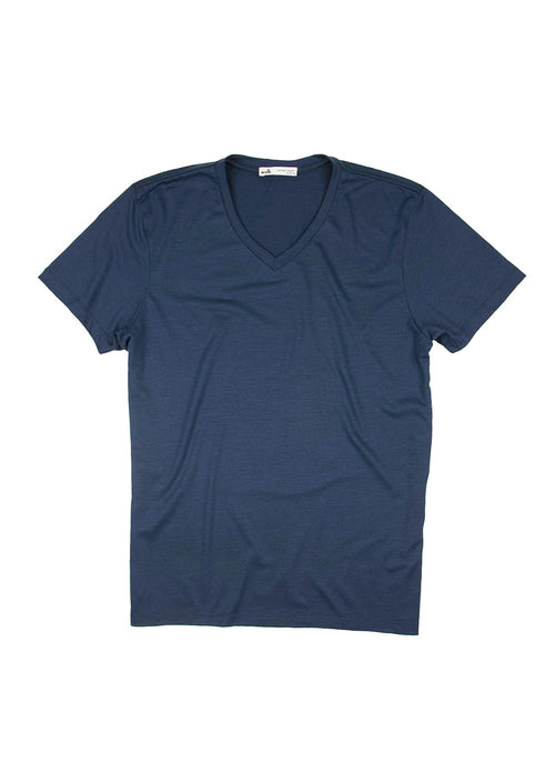 Wolk Climaforce Merino wol T-shirt in marineblauw met V-hals en korte mouwen 